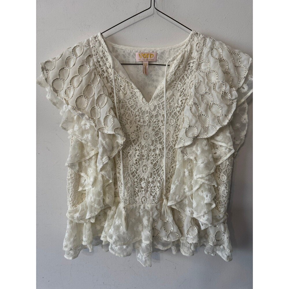 ANTHROPOLOGIE VERB BY PALLAVI SINGHEE BOHO LACE/CROCHET RUFFLE IVORY TOP XS